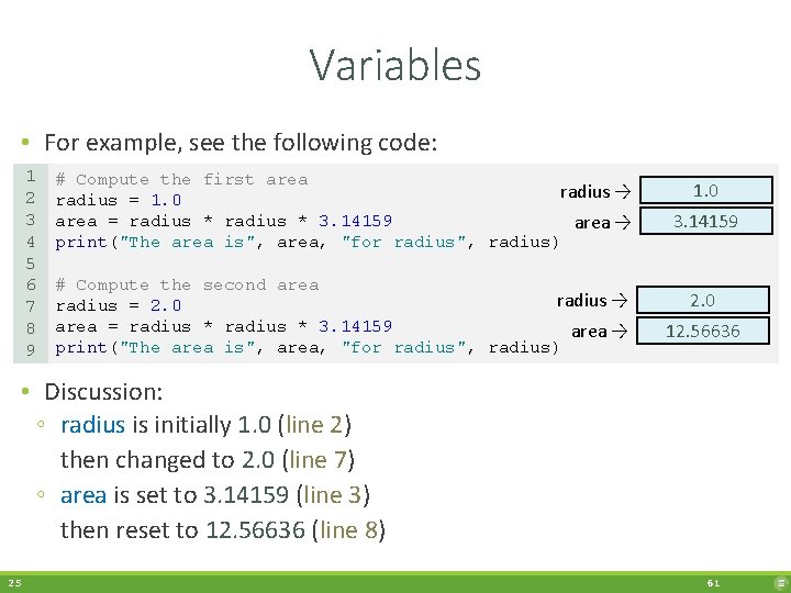 Variables • For example, see the following code: 1 2 3 4 5 6
