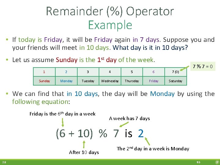 Remainder (%) Operator Example • If today is Friday, it will be Friday again