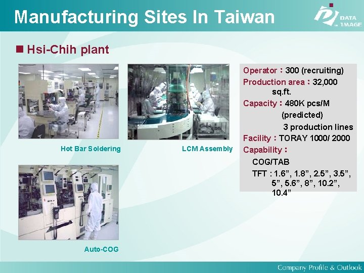 Manufacturing Sites In Taiwan Hsi-Chih plant Hot Bar Soldering Auto-COG LCM Assembly Operator： 300