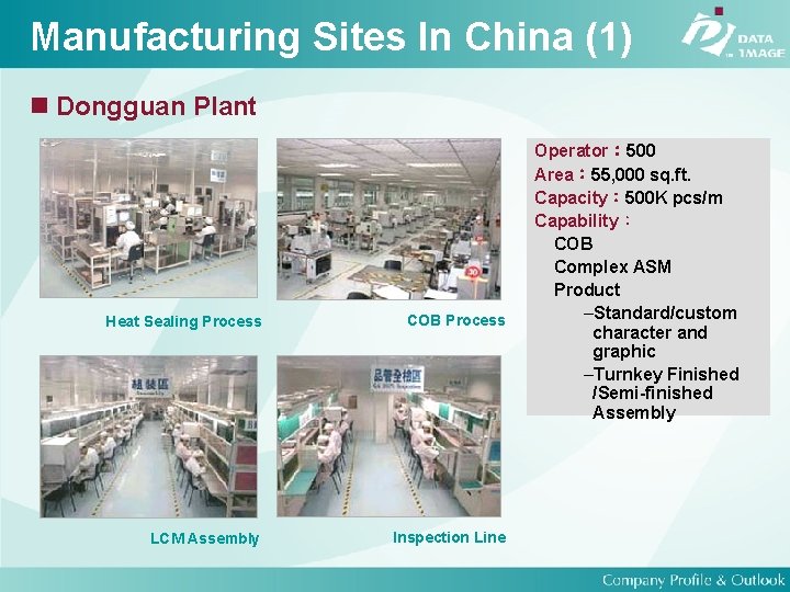 Manufacturing Sites In China (1) Dongguan Plant Heat Sealing Process COB Process LCM Assembly