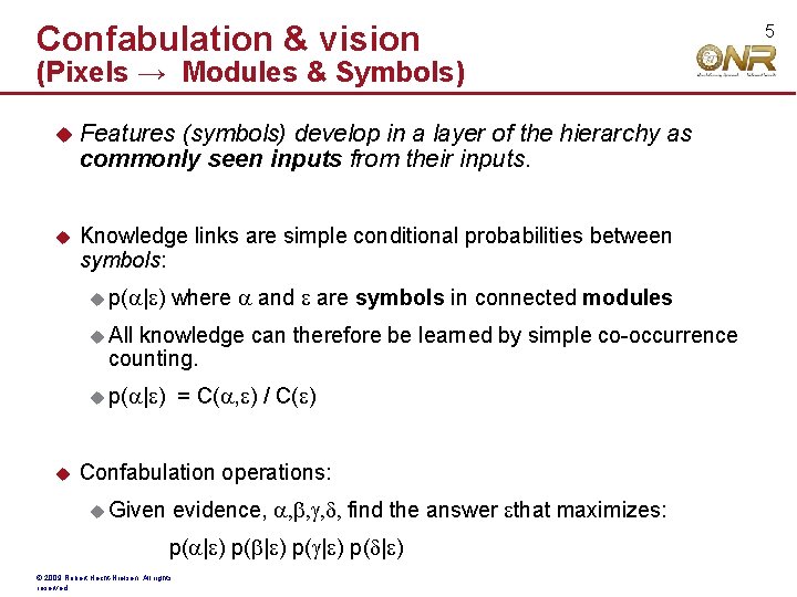 Confabulation & vision (Pixels → Modules & Symbols) Features (symbols) develop in a layer