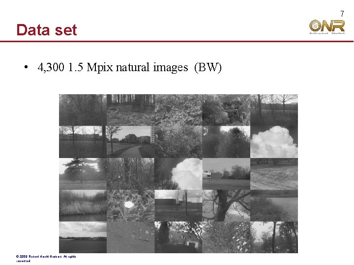 7 Data set • 4, 300 1. 5 Mpix natural images (BW) © 2009