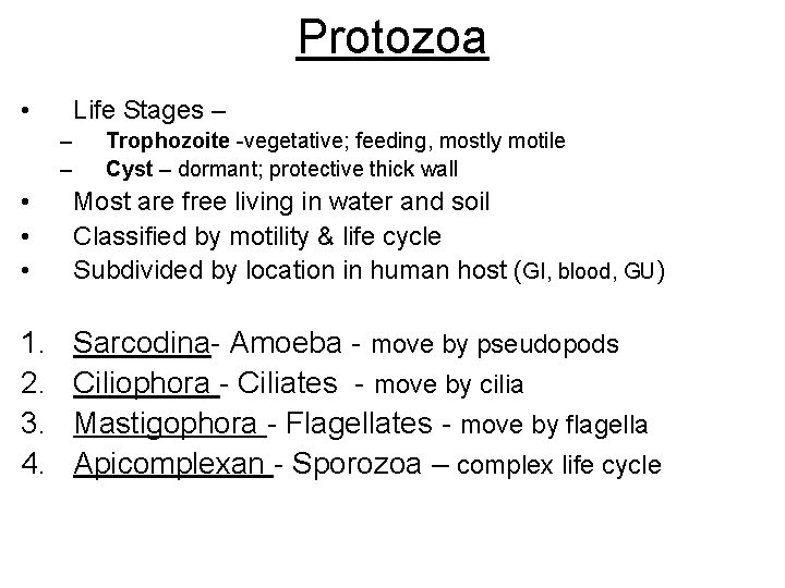 Protozoa • Life Stages – – – Trophozoite -vegetative; feeding, mostly motile Cyst –