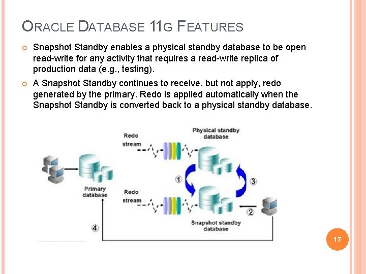 ORACLE DATABASE 11 G FEATURES Snapshot Standby enables a physical standby database to be