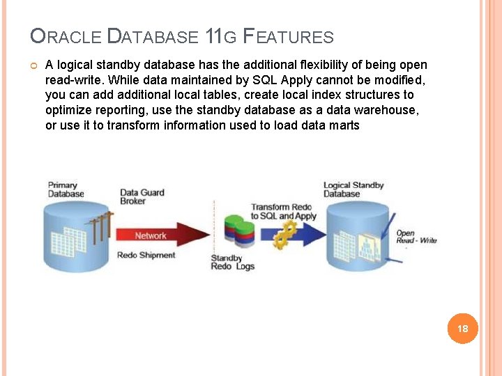 ORACLE DATABASE 11 G FEATURES A logical standby database has the additional flexibility of