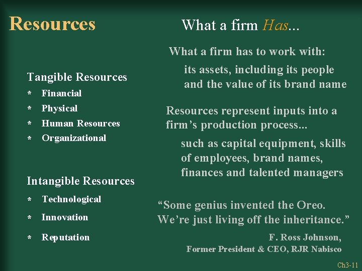 Resources Tangible Resources * * Financial Physical Human Resources Organizational Intangible Resources * Technological