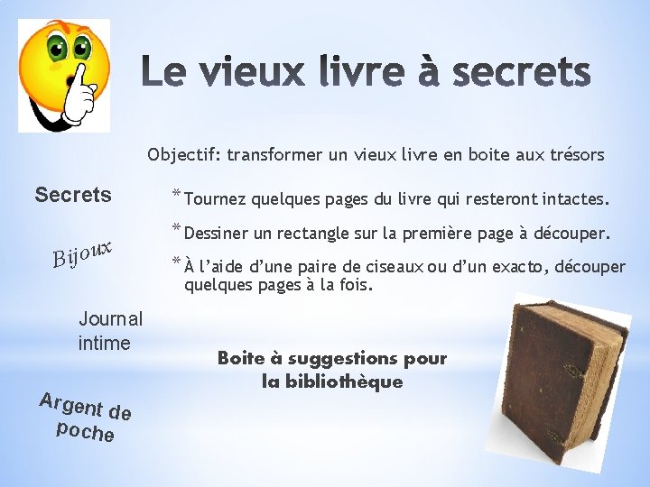 Objectif: transformer un vieux livre en boite aux trésors Secrets x u o j