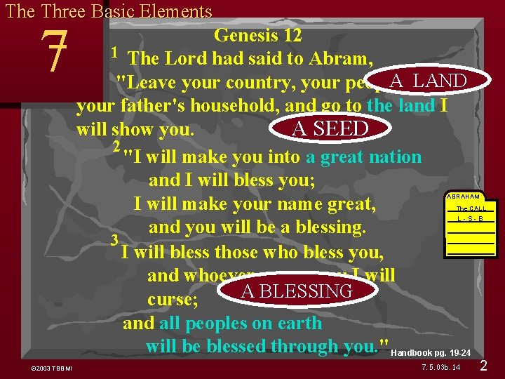 The Three Basic Elements 7 Genesis 12 1 The Lord had said to Abram,