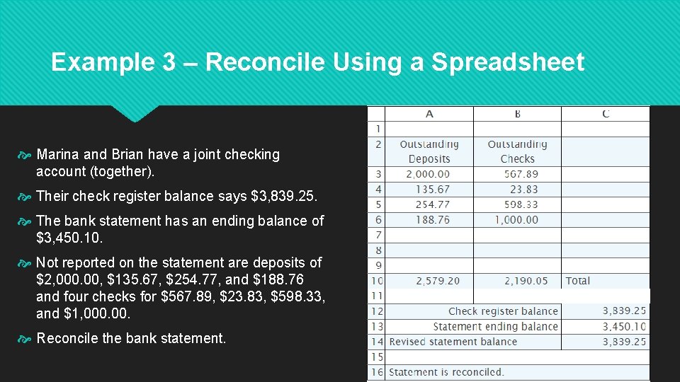 Example 3 – Reconcile Using a Spreadsheet Marina and Brian have a joint checking