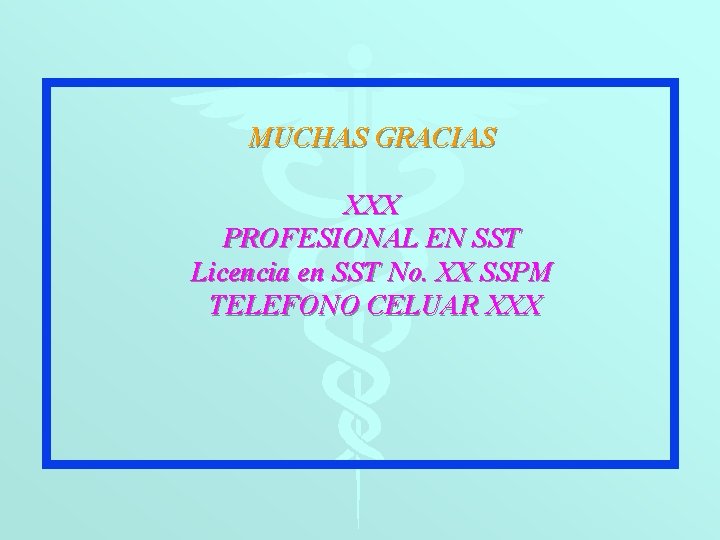 MUCHAS GRACIAS XXX PROFESIONAL EN SST Licencia en SST No. XX SSPM TELEFONO CELUAR