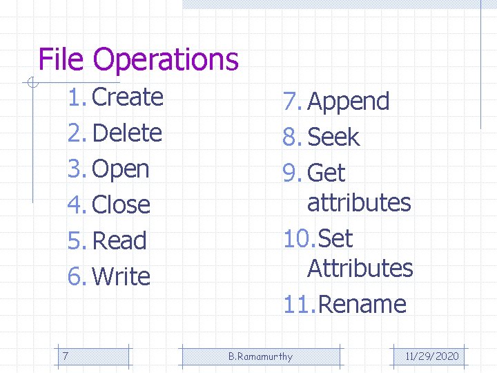 File Operations 1. Create 2. Delete 3. Open 4. Close 5. Read 6. Write