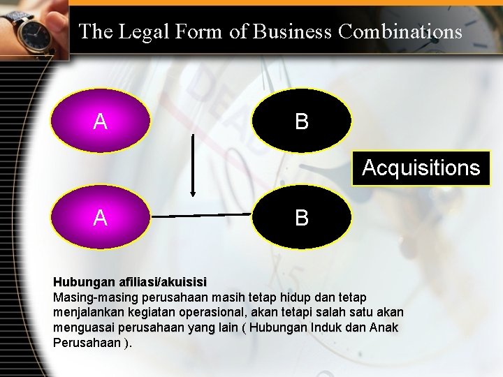 The Legal Form of Business Combinations A B Acquisitions A B Hubungan afiliasi/akuisisi Masing-masing