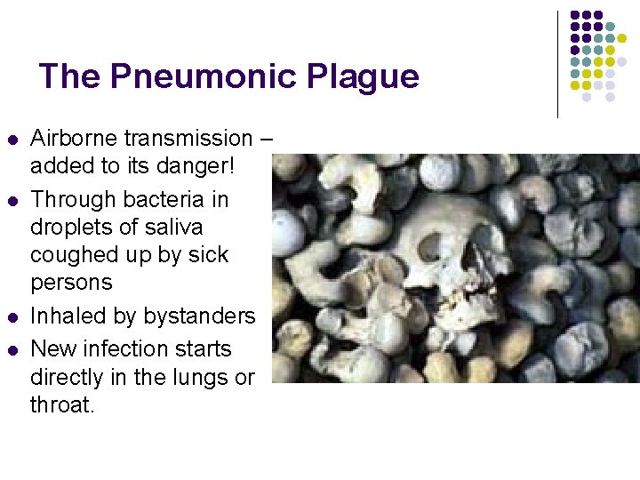 The Pneumonic Plague l l Airborne transmission – added to its danger! Through bacteria
