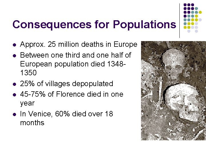 Consequences for Populations l l l Approx. 25 million deaths in Europe Between one