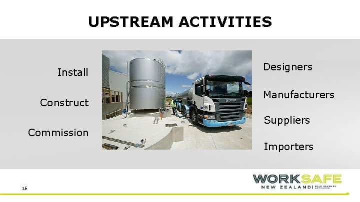 UPSTREAM ACTIVITIES Install Construct Designers Manufacturers Suppliers Commission Importers 16 