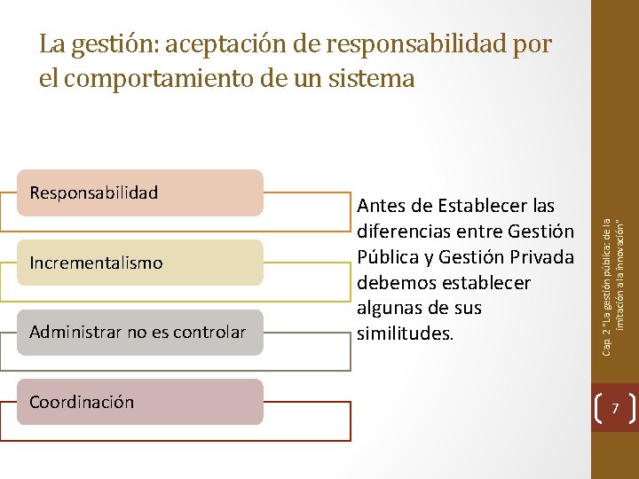 Responsabilidad Incrementalismo Administrar no es controlar Coordinación Antes de Establecer las diferencias entre Gestión