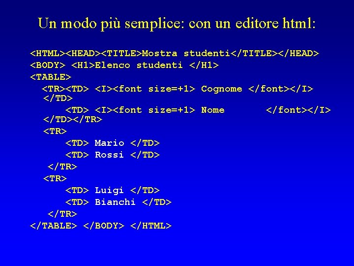Un modo più semplice: con un editore html: <HTML><HEAD><TITLE>Mostra studenti</TITLE></HEAD> <BODY> <H 1>Elenco studenti