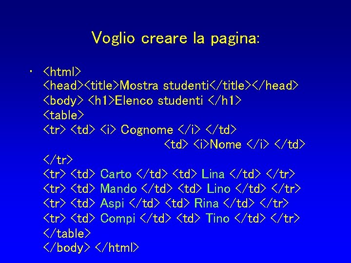 Voglio creare la pagina: • <html> <head><title>Mostra studenti</title></head> <body> <h 1>Elenco studenti </h 1>