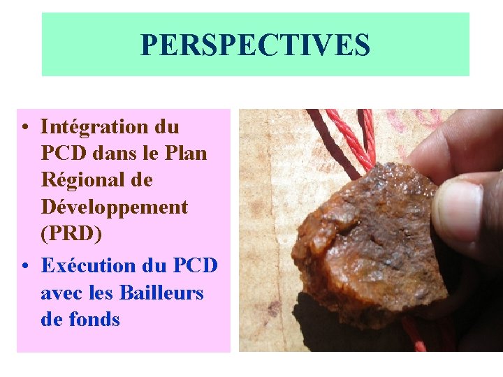 PERSPECTIVES • Intégration du PCD dans le Plan Régional de Développement (PRD) • Exécution