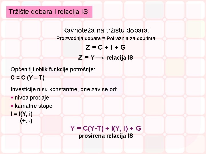 Tržište dobara i relacija IS Ravnoteža na tržištu dobara: Proizvodnja dobara = Potražnja za