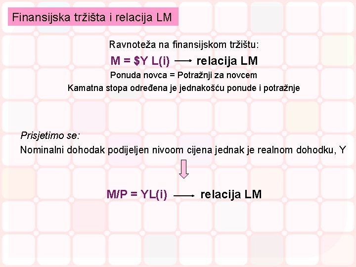 Finansijska tržišta i relacija LM Ravnoteža na finansijskom tržištu: M = $Y L(i) relacija