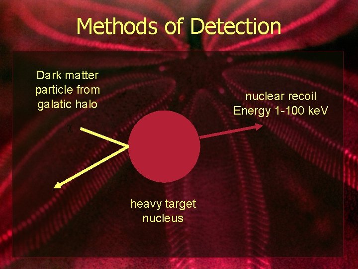 Methods of Detection Dark matter particle from galatic halo nuclear recoil Energy 1 -100