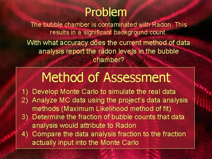 Problem The bubble chamber is contaminated with Radon. This results in a significant background