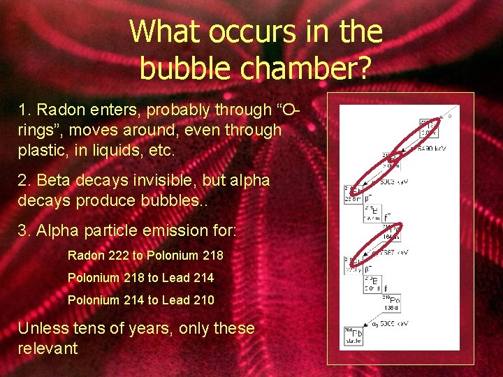 What occurs in the bubble chamber? 1. Radon enters, probably through “Orings”, moves around,