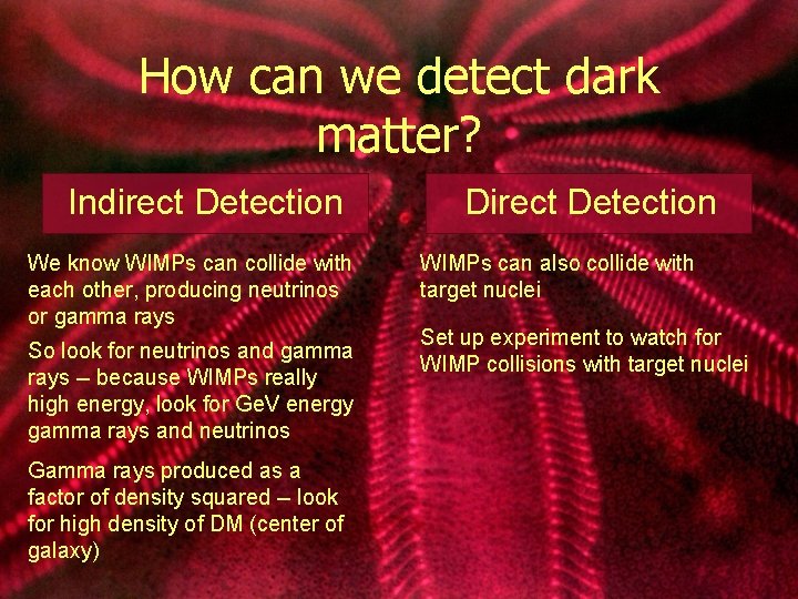 How can we detect dark matter? Indirect Detection We know WIMPs can collide with