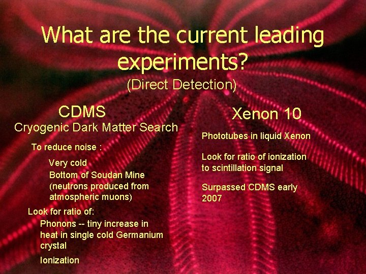What are the current leading experiments? (Direct Detection) CDMS Cryogenic Dark Matter Search To