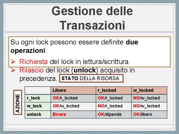 Gestione delle Transazioni Su ogni lock possono essere definite due operazioni: AZIONE Ø Richiesta