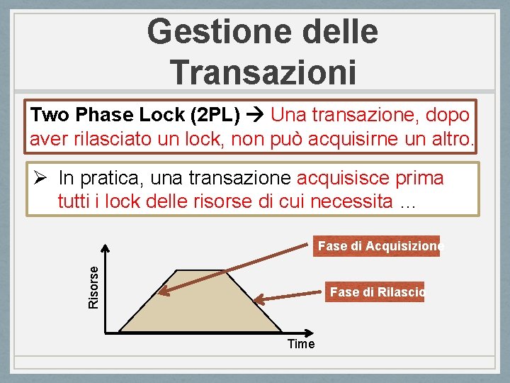 Gestione delle Transazioni Two Phase Lock (2 PL) Una transazione, dopo aver rilasciato un