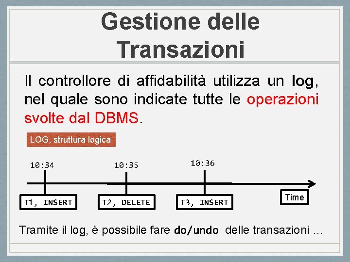 Gestione delle Transazioni Il controllore di affidabilità utilizza un log, nel quale sono indicate