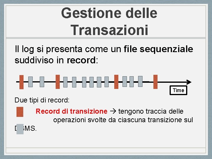 Gestione delle Transazioni Il log si presenta come un file sequenziale suddiviso in record: