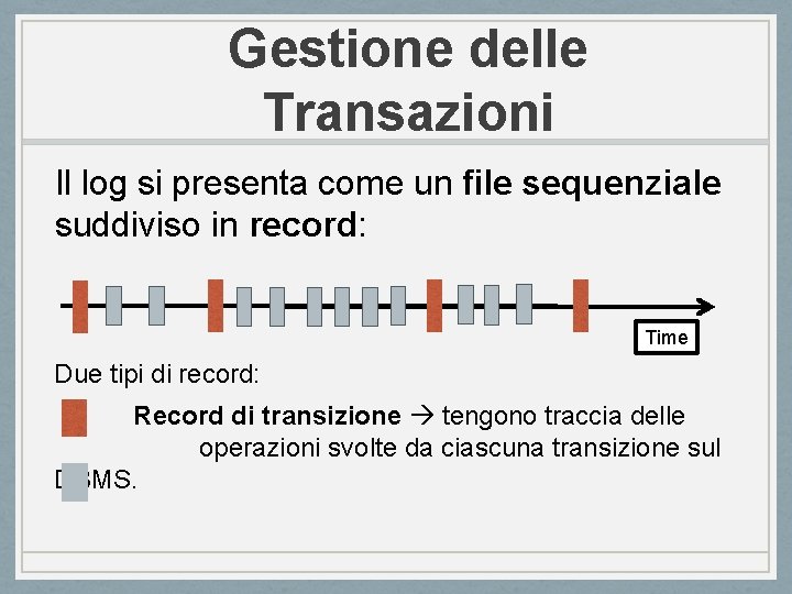 Gestione delle Transazioni Il log si presenta come un file sequenziale suddiviso in record: