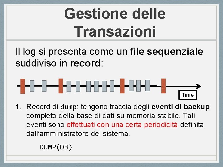 Gestione delle Transazioni Il log si presenta come un file sequenziale suddiviso in record: