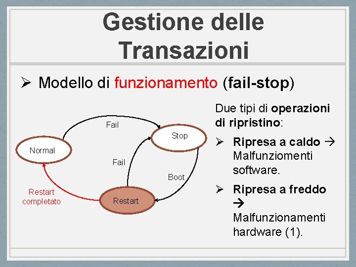 Gestione delle Transazioni Ø Modello di funzionamento (fail-stop) Due tipi di operazioni di ripristino: