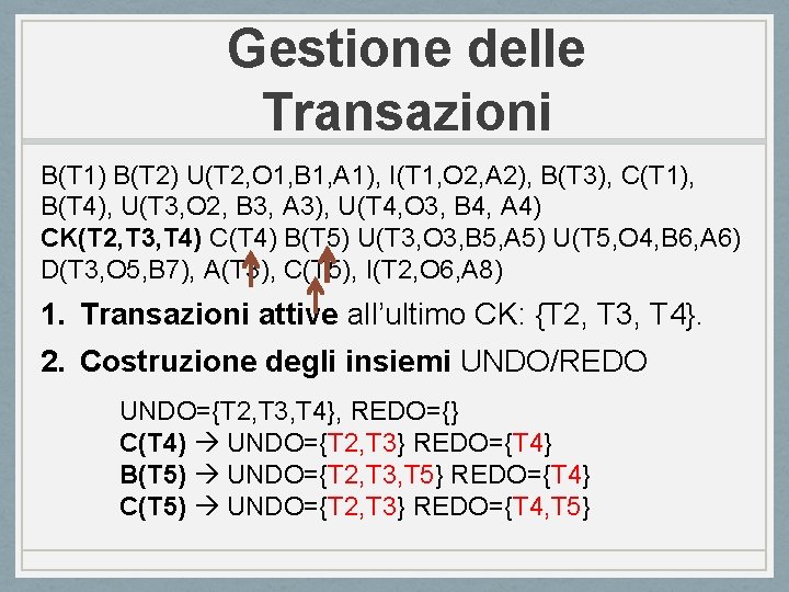 Gestione delle Transazioni B(T 1) B(T 2) U(T 2, O 1, B 1, A