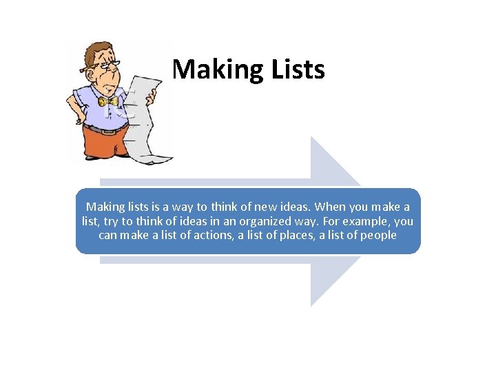 Making Lists Making lists is a way to think of new ideas. When you