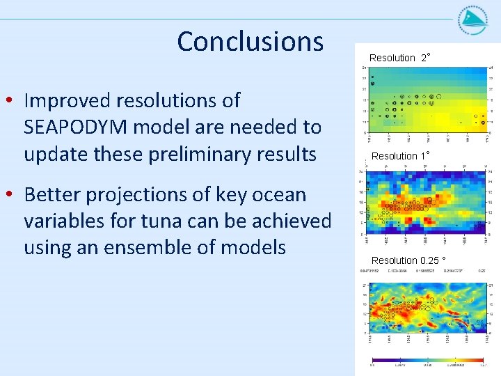 Conclusions Resolution 2° • Improved resolutions of SEAPODYM model are needed to update these