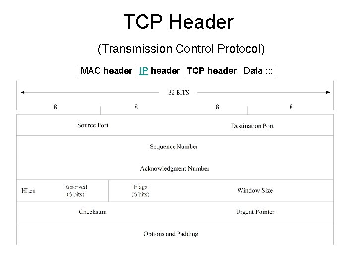 TCP Header (Transmission Control Protocol) MAC header IP header TCP header Data : :