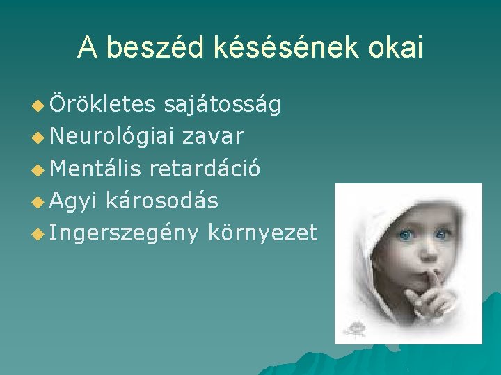 A beszéd késésének okai u Örökletes sajátosság u Neurológiai zavar u Mentális retardáció u