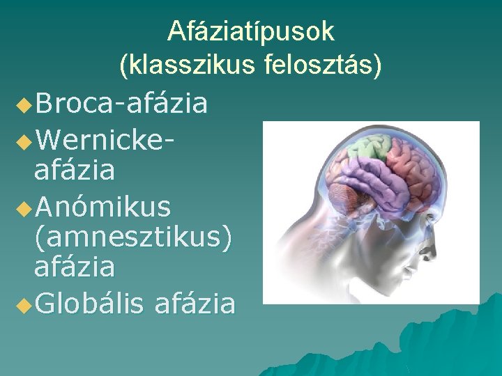 Afáziatípusok (klasszikus felosztás) u. Broca-afázia u. Wernickeafázia u. Anómikus (amnesztikus) afázia u. Globális afázia