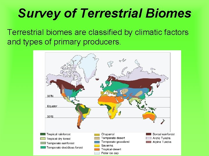 Survey of Terrestrial Biomes Terrestrial biomes are classified by climatic factors and types of