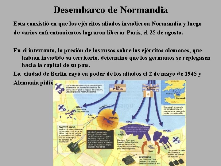 Desembarco de Normandia Esta consistió en que los ejércitos aliados invadieron Normandía y luego