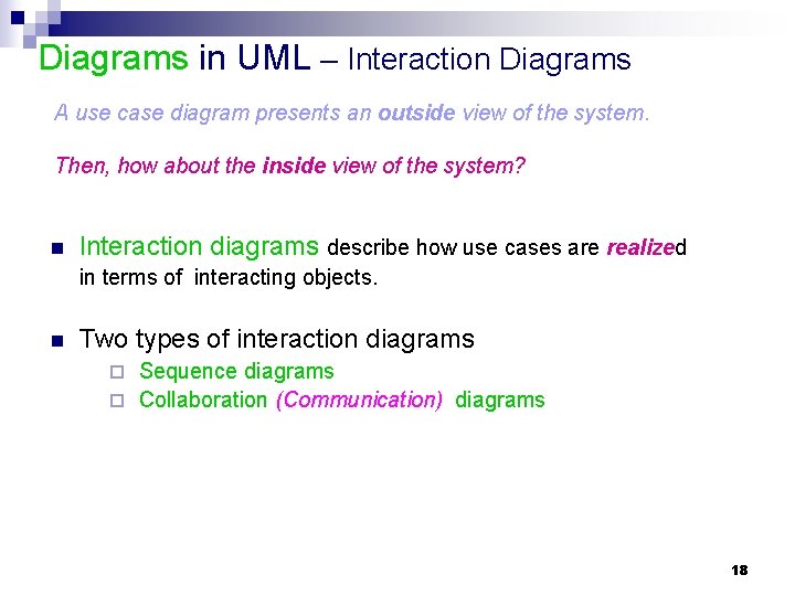 Diagrams in UML – Interaction Diagrams A use case diagram presents an outside view