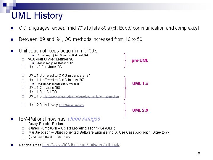 UML History n OO languages appear mid 70’s to late 80’s (cf. Budd: communication