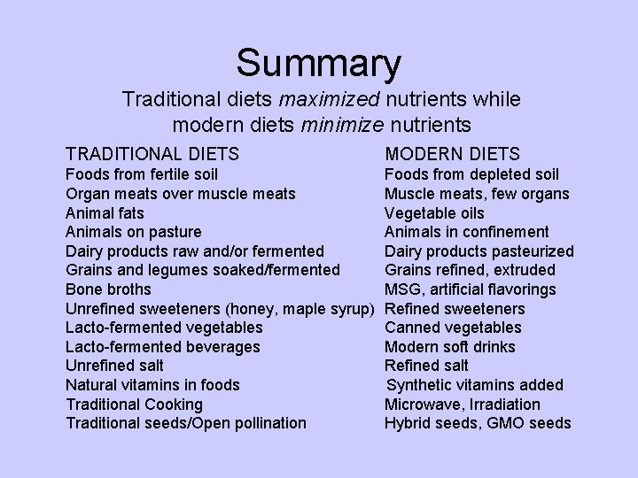 Summary Traditional diets maximized nutrients while modern diets minimize nutrients TRADITIONAL DIETS MODERN DIETS