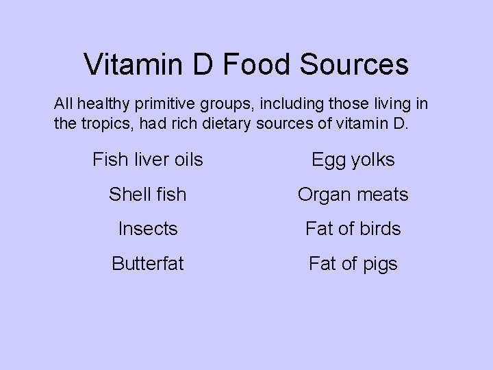 Vitamin D Food Sources All healthy primitive groups, including those living in the tropics,