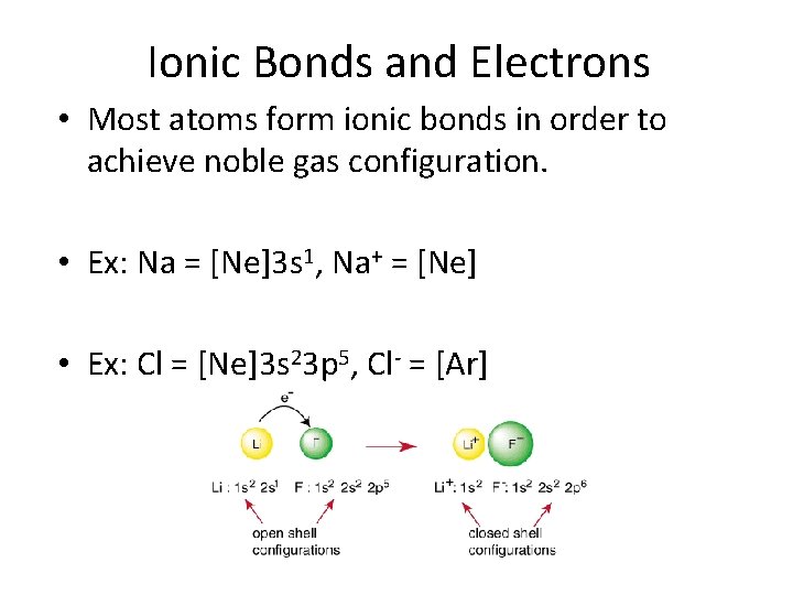 Ionic Bonds and Electrons • Most atoms form ionic bonds in order to achieve
